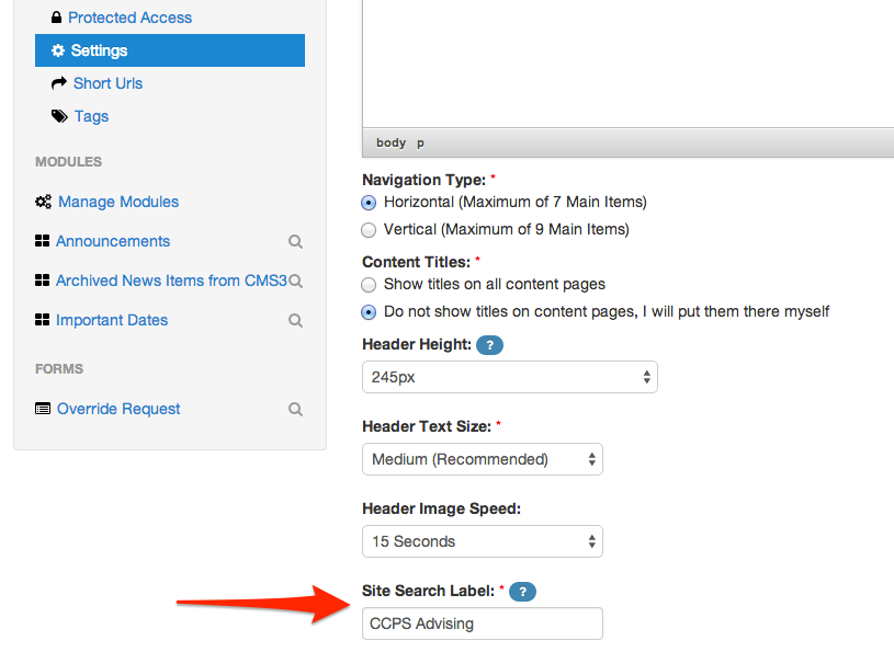 site search label settings